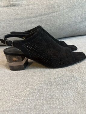 Vaneli Black Perforated Suede Slingback Block Heel Sandals